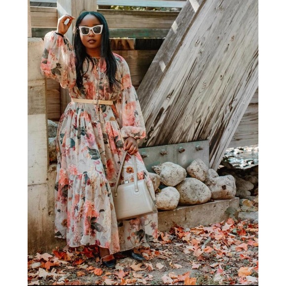 Chiffon Wide Cut Floral Dress Balloon Slee… - Picture 8 of 14